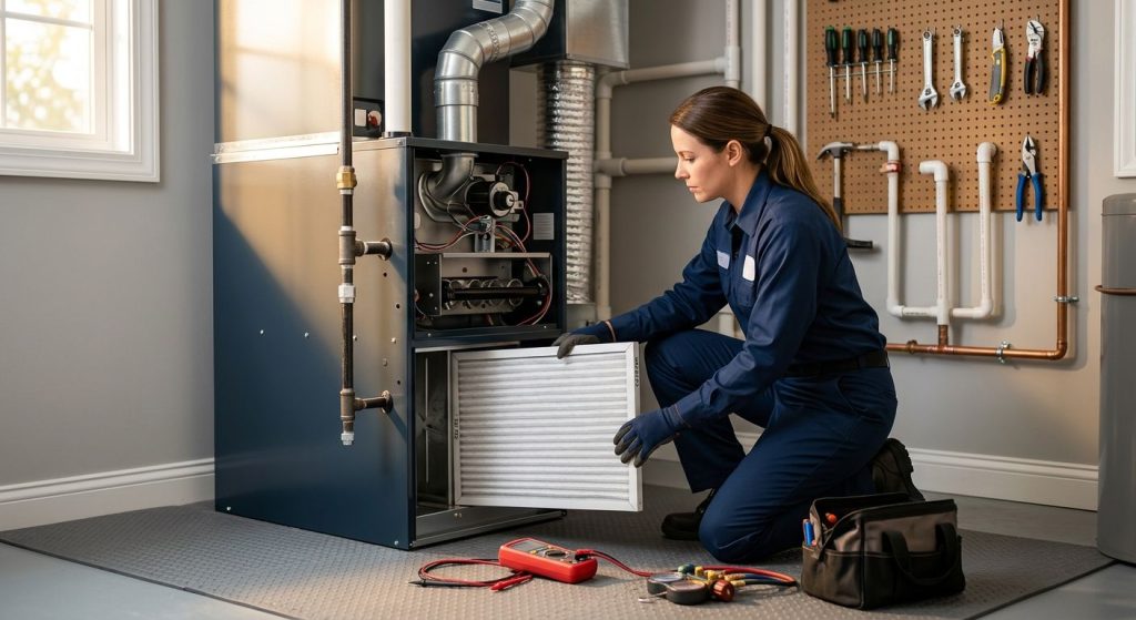 Professional HVAC technician in blue uniform inspecting a gas furnace in a clean residential utility room with natural daylight.