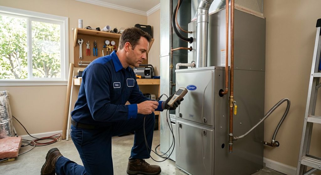 Professional photograph of an HVAC technician in a clean uniform inspecting a modern gas furnace in a well-lit Culver City residential utility room, holding a diagnostic tool and focused on the control panel, with organized tools and natural window light.