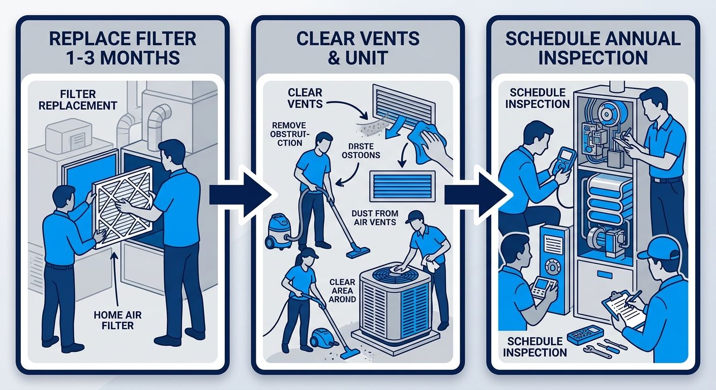 Three-step furnace maintenance process: replacing filter every 1-3 months, keeping vents clear, scheduling annual inspection