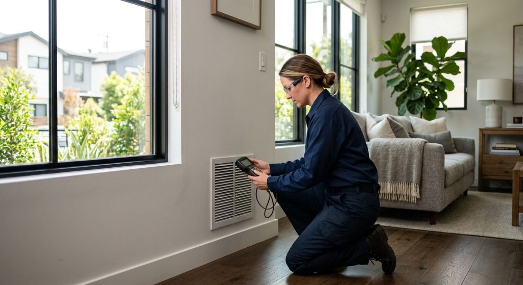 A professional HVAC technician inspecting an air conditioning vent in a bright modern living room with natural light and plants
