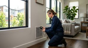 A professional HVAC technician inspecting an air conditioning vent in a bright modern living room with natural light and plants