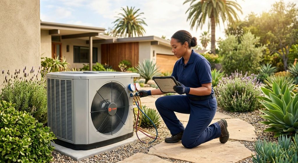 Certified HVAC technician in navy blue uniform kneeling beside an outdoor air conditioning unit in a Studio City backyard, inspecting the unit with a digital tablet and diagnostic tool, with a mid-century home and palm trees in the background.