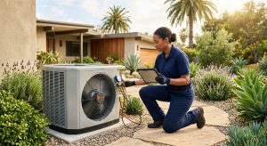 Certified HVAC technician in navy blue uniform kneeling beside an outdoor air conditioning unit in a Studio City backyard, inspecting the unit with a digital tablet and diagnostic tool, with a mid-century home and palm trees in the background.