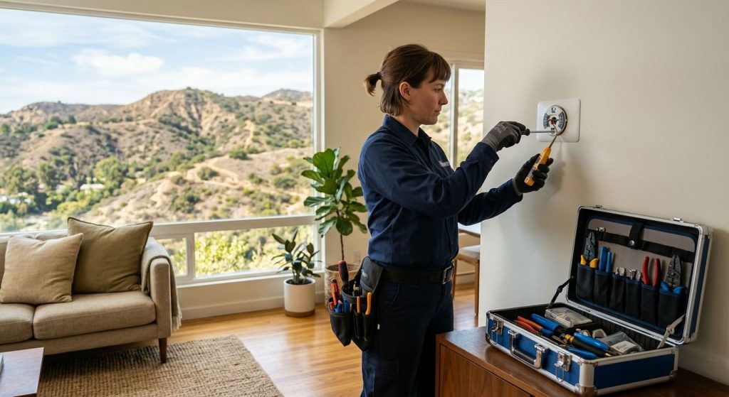 Professional photograph of a certified HVAC technician in a clean blue uniform installing a modern smart thermostat on the wall of a sunlit Eagle Rock living room. Large windows reveal rolling California hills. The technician uses a voltage tester; a toolbox sits beside on the floor. The thermostat screen displays a comfortable set temperature. Natural lighting fills the room, creating a genuine, customer-focused atmosphere. Composition emphasizes careful workmanship and friendly service. High-quality stock photo with soft background blur, focusing attention on the technician and thermostat, conveying reliability, expertise, and local trust. NO TEXT WHATSOEVER. Professional photograph of a certified HVAC technician installing a smart thermostat in a sunlit Eagle Rock living room. Subject filling 70% of frame. Technician with voltage tester and toolbox, large windows with rolling California hills view. Using blue uniforms for reliability and expertise, natural earth tones for California hills setting. 8K resolution, commercial quality. NO text, NO labels, NO captions, NO URLs.