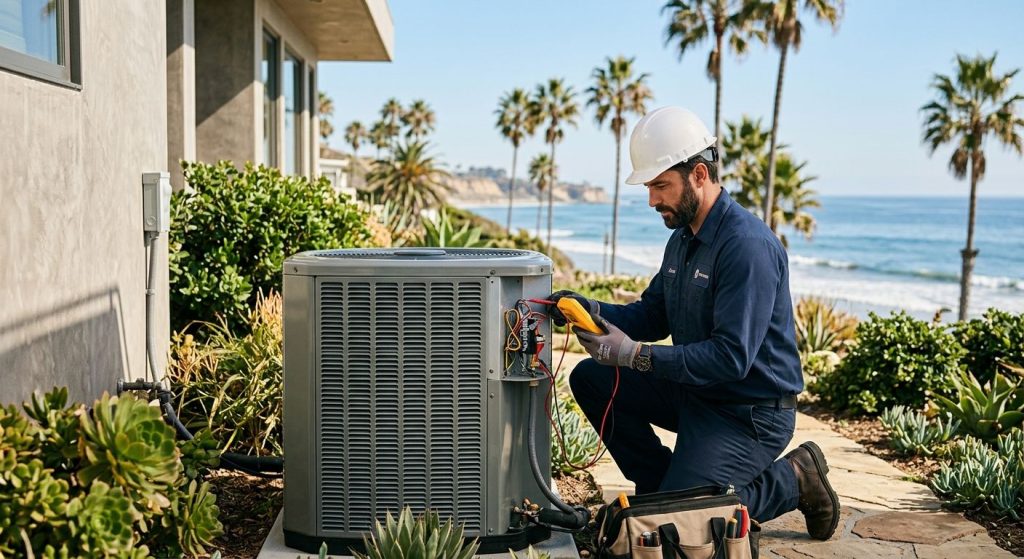 A professional HVAC technician in a company-branded shirt uses a diagnostic tool to inspect an air conditioning condenser unit outside a coastal Malibu home on a bright sunny day, with palm trees and the Pacific Ocean in the background.