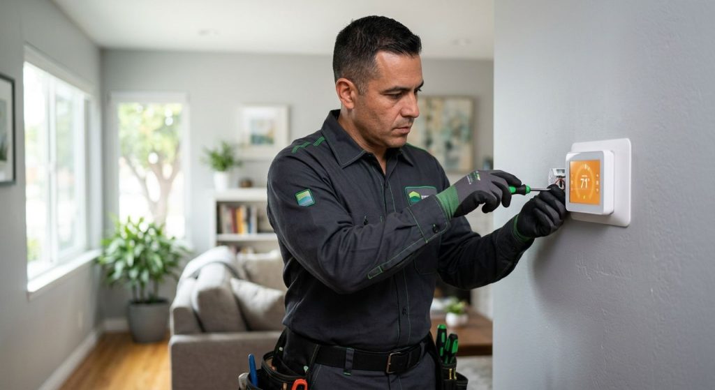 Professional HVAC technician installing a smart thermostat in a Studio City living room.