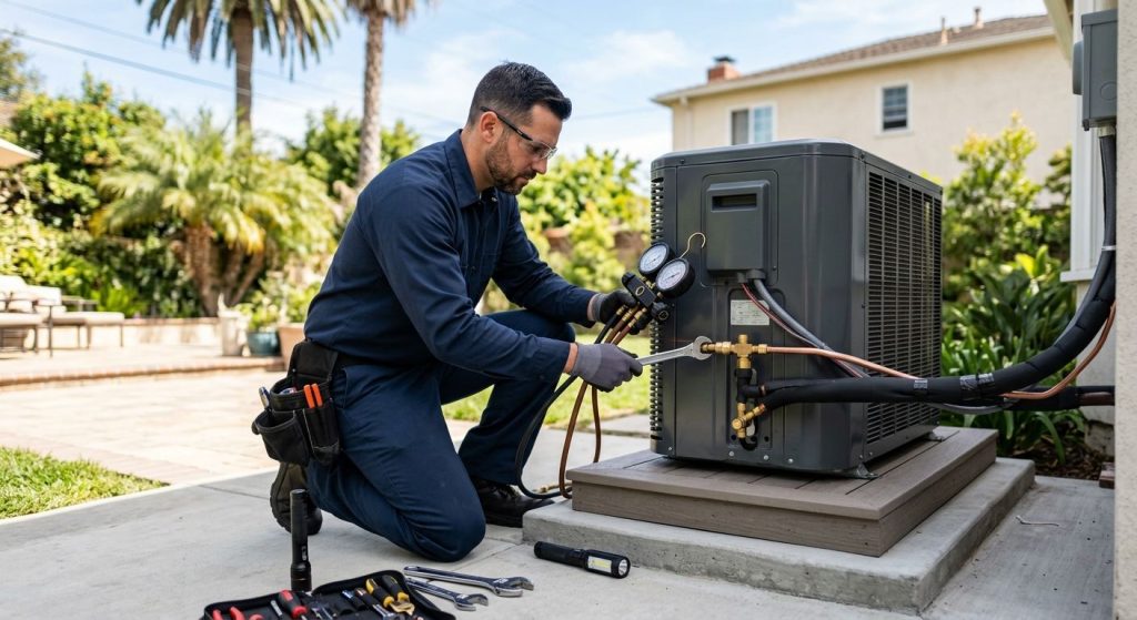 Professional HVAC technician installing heat pump at Culver City home with palm trees and backyard setting