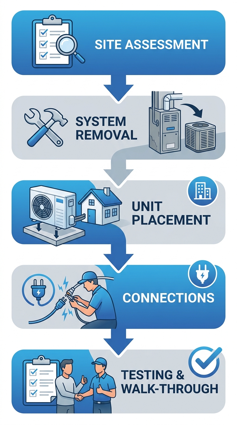 Diagram showing the 5 stages of heat pump installation from site assessment to final walk-through