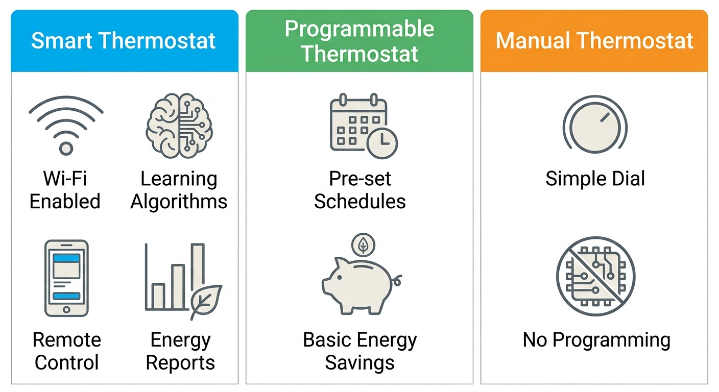 Infographic comparing smart, programmable, and manual thermostats for Studio City climate