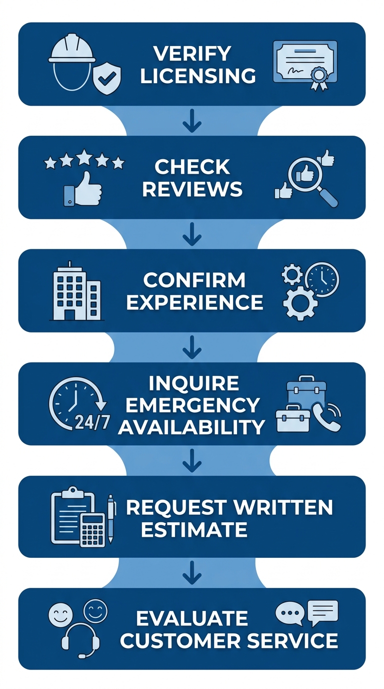Vertical process-flow with six steps for choosing an AC repair provider in Malibu.