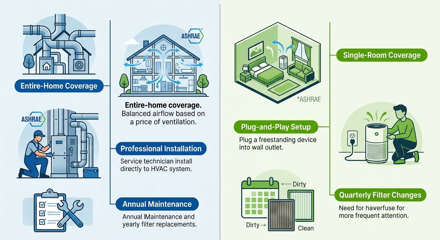Side-by-side comparison infographic of whole-home air purifiers integrated with HVAC ductwork versus portable standalone units, showing coverage, installation, filtration, and maintenance differences using blue and green icons.