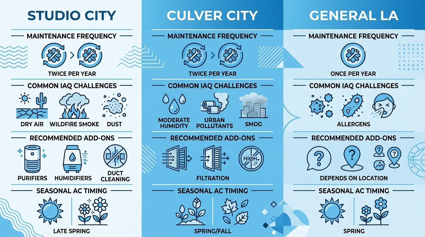 Infographic comparing HVAC maintenance frequency, IAQ challenges, recommended add-ons, and seasonal AC timing for Studio City, Culver City, and General Los Angeles neighborhoods