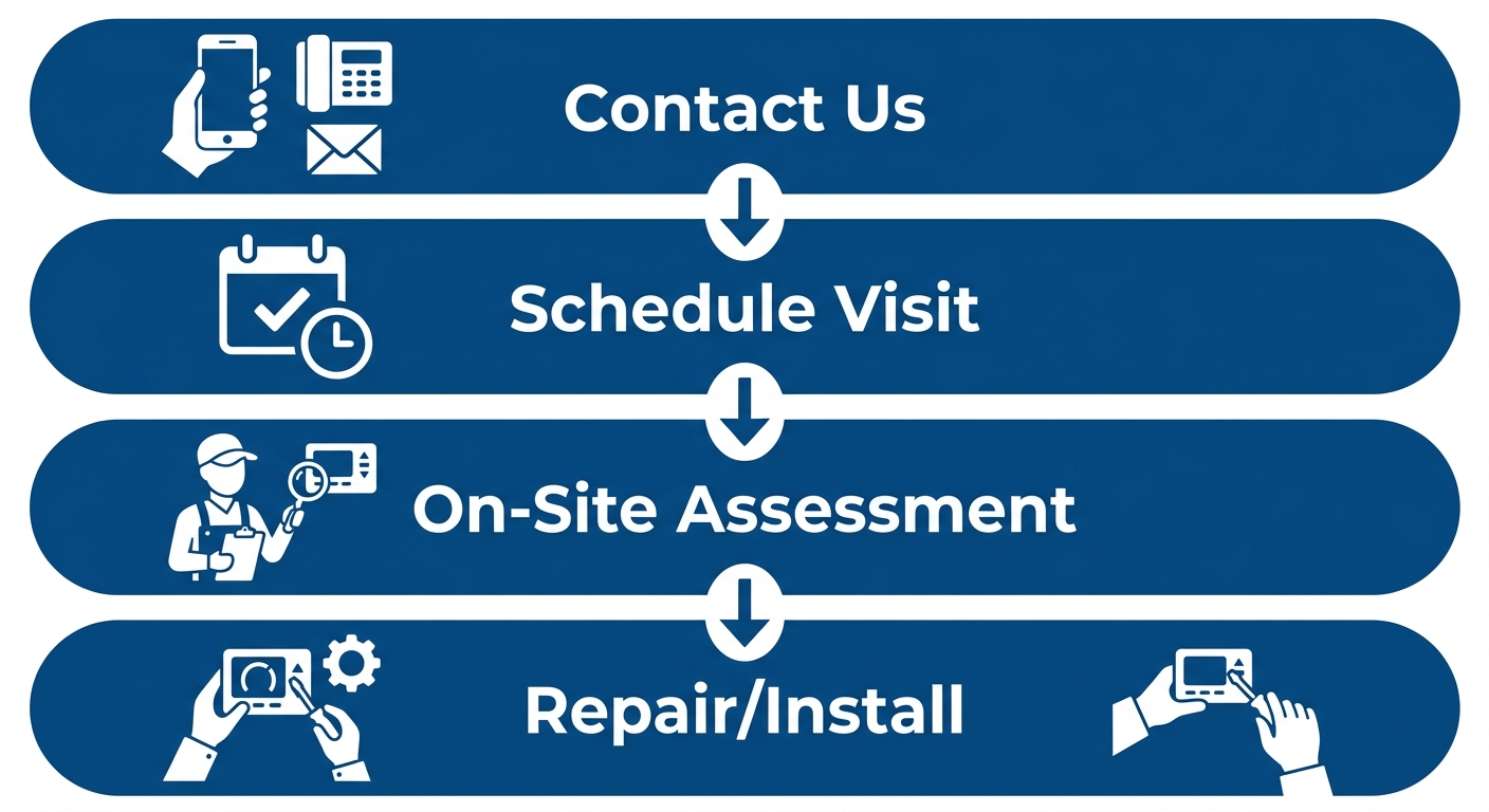 Vertical process flow diagram for thermostat services in Eagle Rock, showing four steps: contact, schedule, on-site assessment, repair or installation completion.