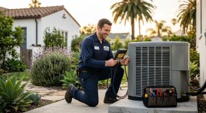 HVAC technician in Culver City checking refrigerant levels on a modern air conditioning condenser in a sunlit backyard