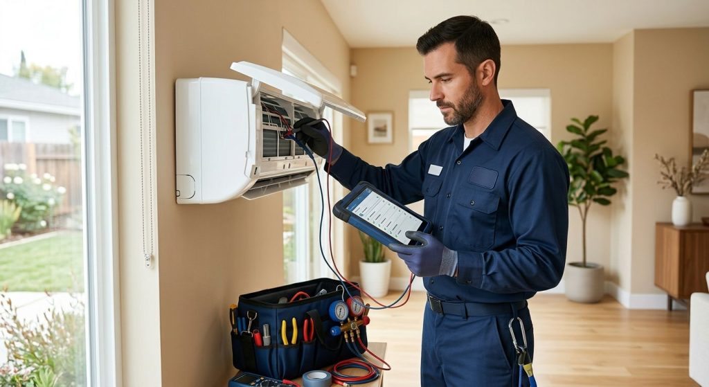 Professional HVAC technician inspecting an air conditioner in a Los Angeles home, using a tablet with a diagnostic checklist.