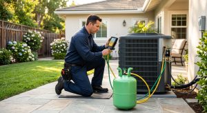 Certified HVAC technician in blue uniform inspecting an R-454B air conditioning unit with a digital gauge in a Culver City backyard, low-GWP refrigerant cylinder nearby.