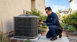 HVAC technician in uniform inspecting an outdoor air conditioning condenser unit with a multimeter beside a home in Culver City, California on a sunny day.