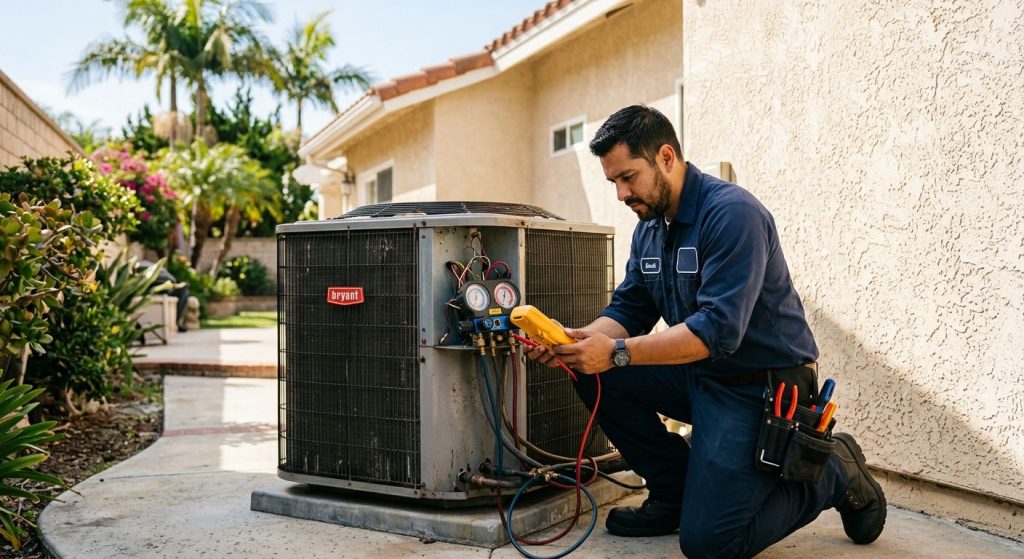 HVAC technician performing AC maintenance on a condenser unit outside a Southern California home with palm trees, stucco walls, and bright sunlight.