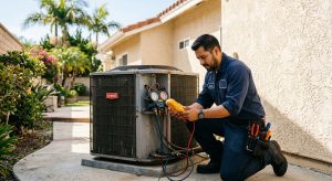 HVAC technician performing AC maintenance on a condenser unit outside a Southern California home with palm trees, stucco walls, and bright sunlight.
