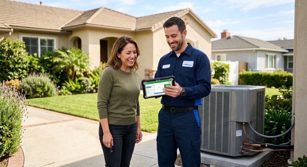 Professional HVAC technician with tablet explaining heat pump rebates to a homeowner in Culver City.