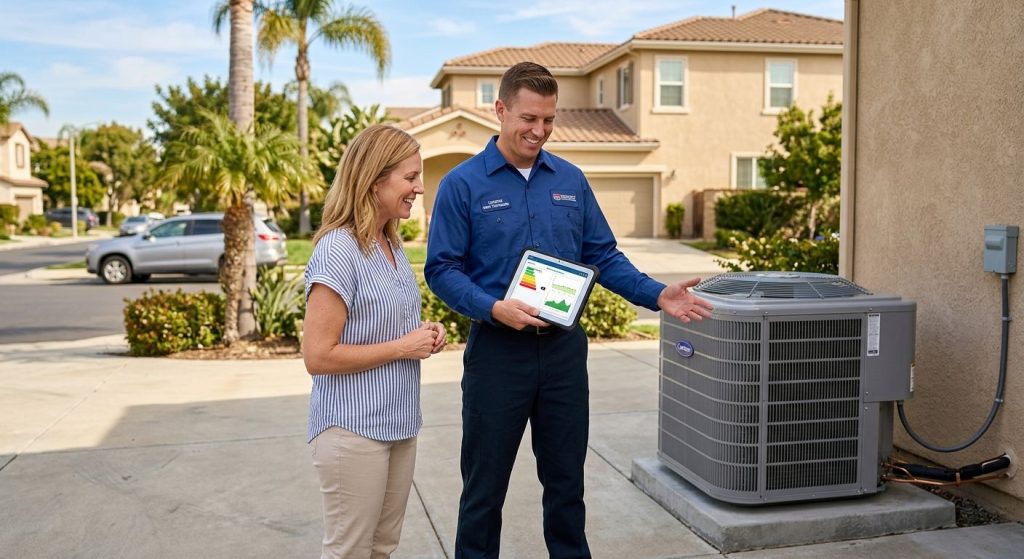 Licensed HVAC technician in crisp blue uniform consults with homeowner on sunny Culver City driveway, holding tablet by modern AC unit with palm trees and two-story home in background