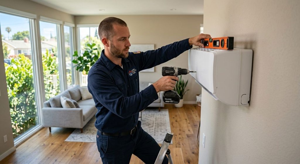Bright living room with HVAC technician installing a wall-mounted ductless mini split unit, warm interior, morning sunlight