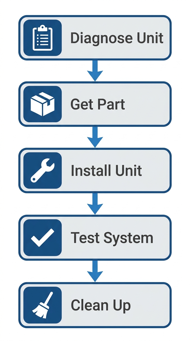 Vertical process flow diagram showing five steps to replace an AC compressor: diagnose unit, get part, install unit, test system, and clean up.