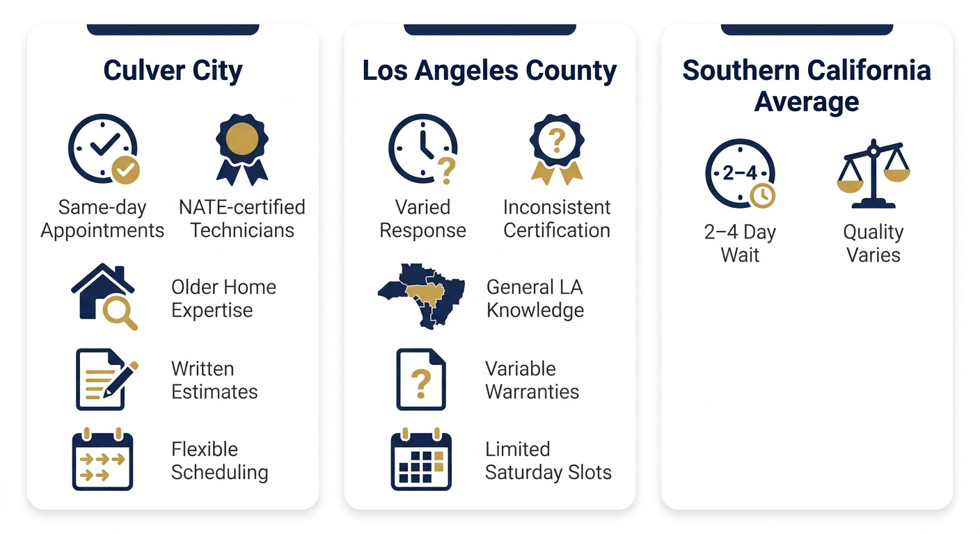Three-column comparison infographic showing Culver City HVAC services with five advantages, contrasted against Los Angeles County and Southern California averages on matching attributes.