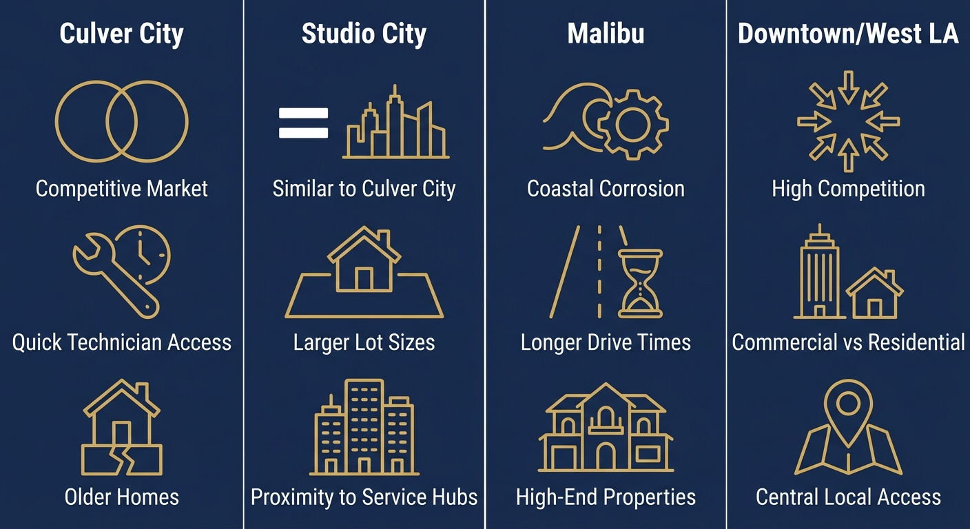 Infographic comparing AC maintenance factors across Culver City, Studio City, Malibu, and Downtown/West LA with icons and labels.