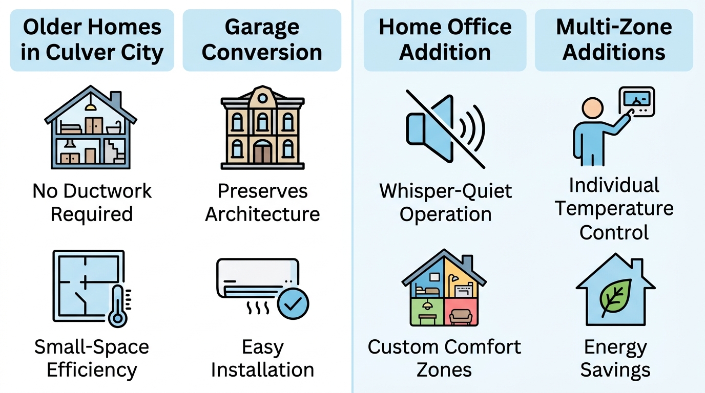 Infographic showcasing four ductless mini split applications: older homes in Culver City, garage conversions, home office additions, and multi-zone additions, each with two features illustrated by icons.