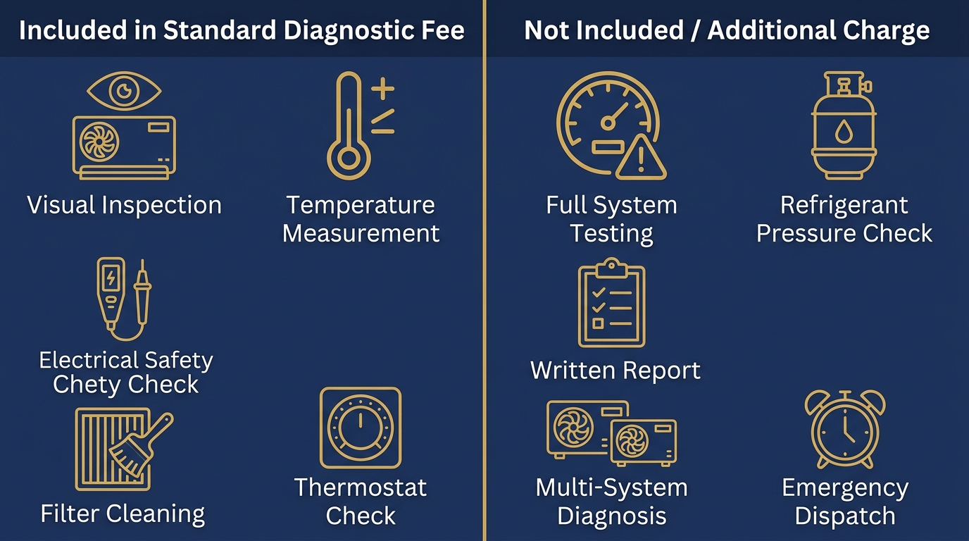 Two-column infographic showing what is included and not included in a standard HVAC diagnostic fee: left column Included in Standard Diagnostic Fee with items: Visual Inspection, Temperature Measurement, Electrical Safety Check, Filter Cleaning, Thermostat Check; right column Not Included / Additional Charge with items: Full System Testing, Refrigerant Pressure Check, Written Report, Multi-System Diagnosis, Emergency Dispatch.
