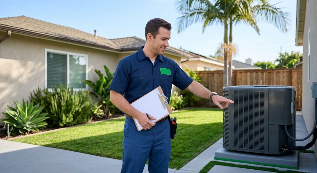 HVAC technician from Culver City Heating & Cooling inspecting a residential heat pump outside a Culver City home