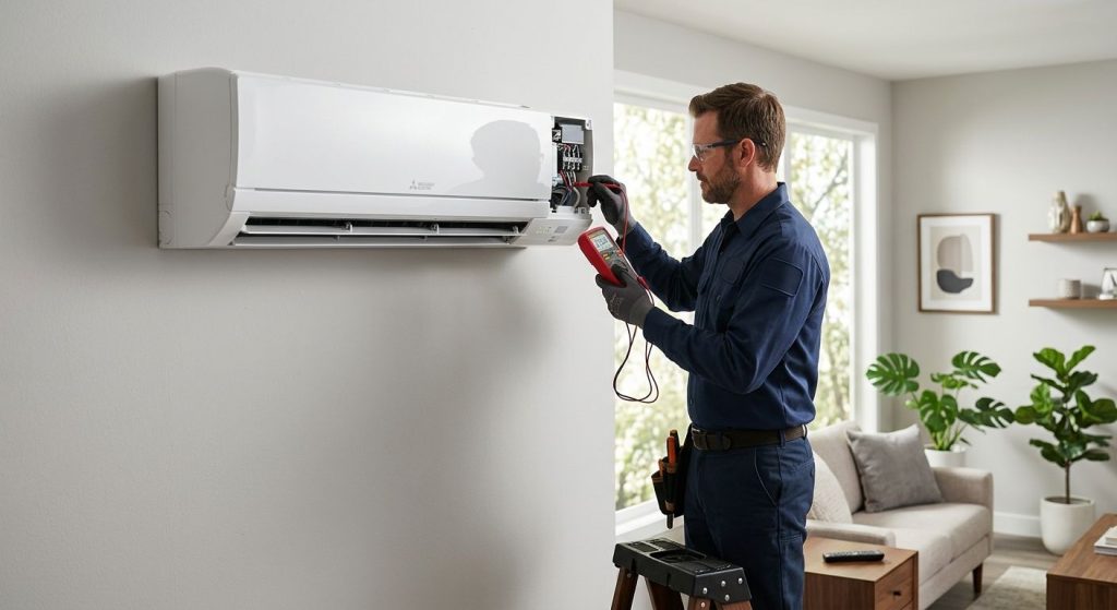 Modern white ductless mini-split indoor unit mounted on clean interior wall in bright living room, HVAC technician in uniform checking connections with multimeter, soft neutral decor, natural light from window