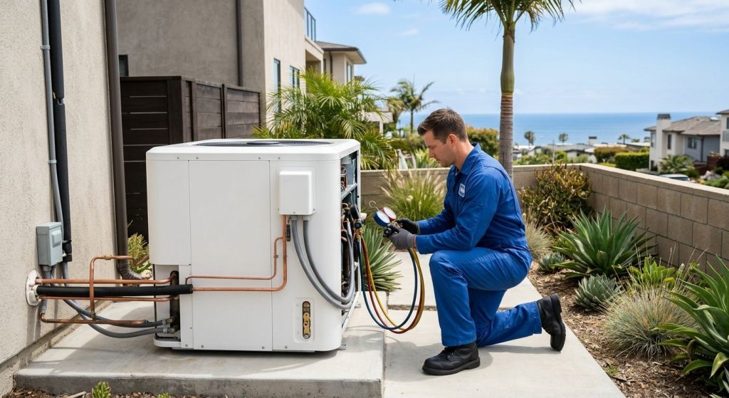 Modern high-efficiency heat pump installed beside a coastal home in Culver City with a certified technician inspecting the unit