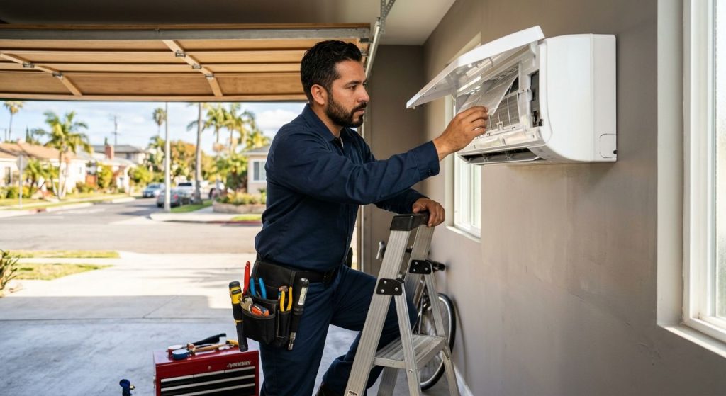 HVAC technician in navy uniform examining a mini-split unit in a sunlit residential garage in Culver City