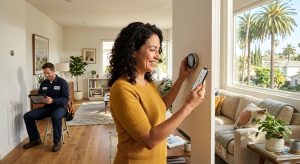 Smiling homeowner adjusting a smart thermostat in a bright Culver City living room with palm trees visible through the window, while a technician with a tablet stands in the background.