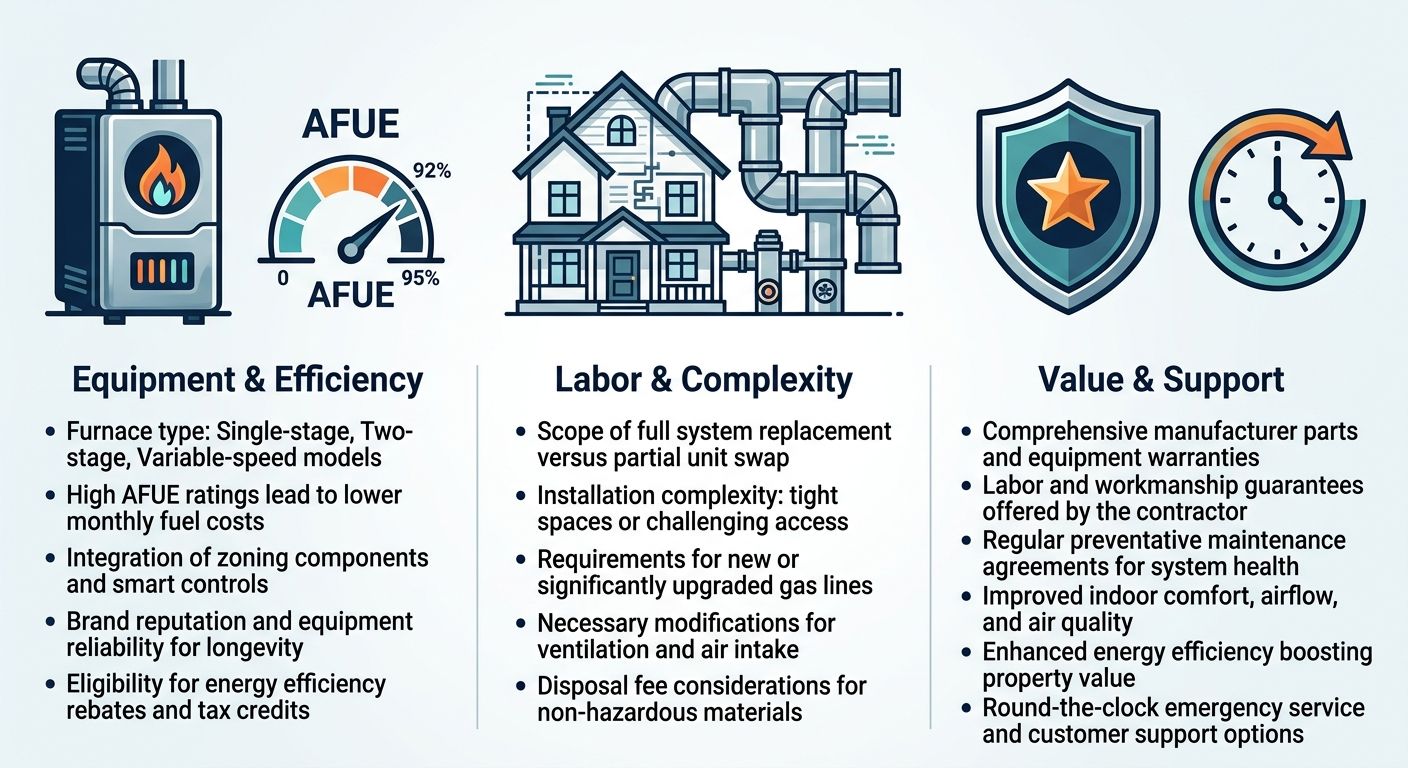 Infographic with three columns showing factors for furnace installation cost: Equipment & Efficiency with furnace icon, Labor & Complexity with house icon, and Value & Support with shield icon, using navy, teal, and orange colors.