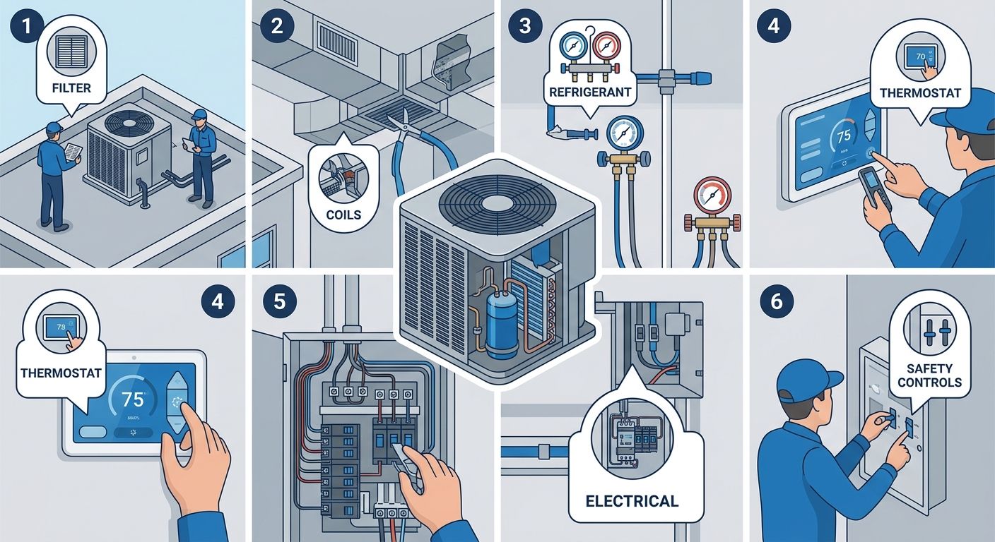 Cutaway infographic of an HVAC system highlighting six maintenance checkpoints: filter, coils, refrigerant, thermostat, electrical connections, and safety controls with callout icons on a blue and grey background.