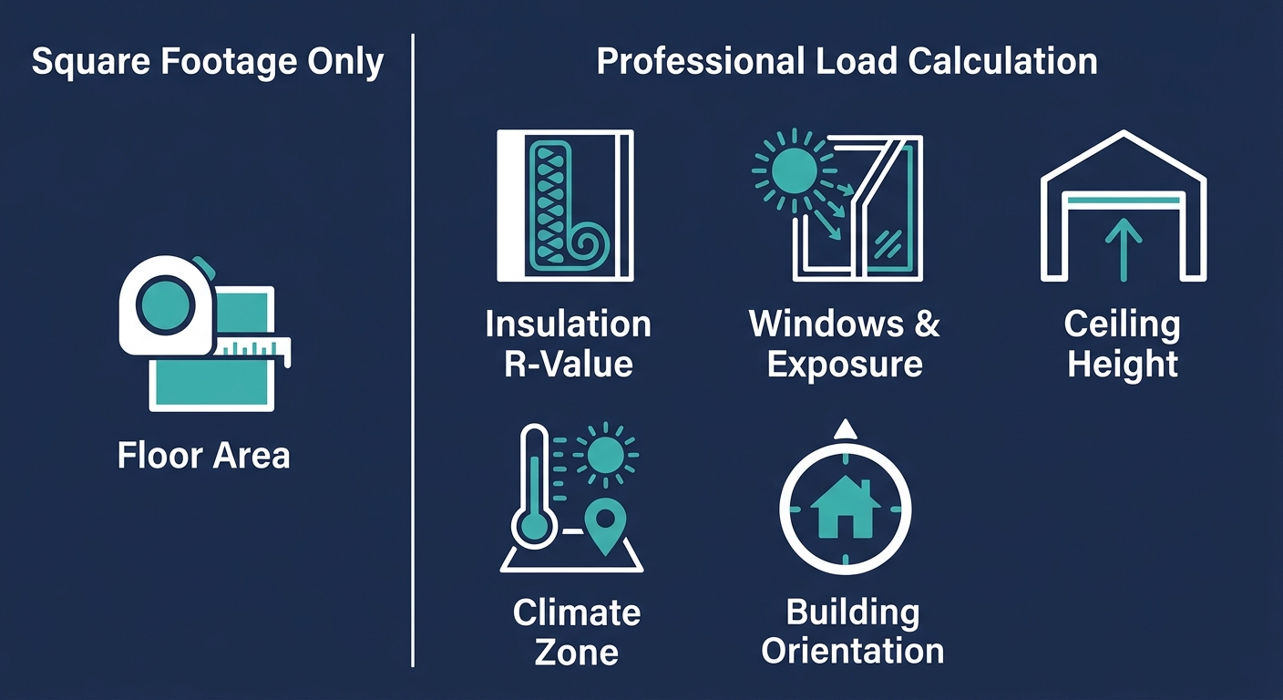 Infographic comparing square footage only estimation with professional load calculation for mini split sizing, highlighting floor area versus insulation, windows, ceiling height, climate zone, and building orientation.