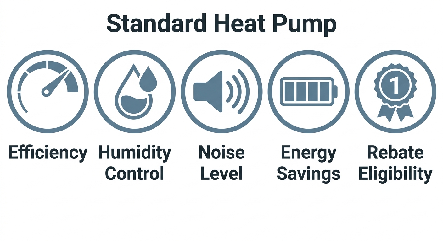Infographic showing standard heat pump features with outlined icons: efficiency dial, humidity control, noise speaker, energy savings bar, and rebate badge.