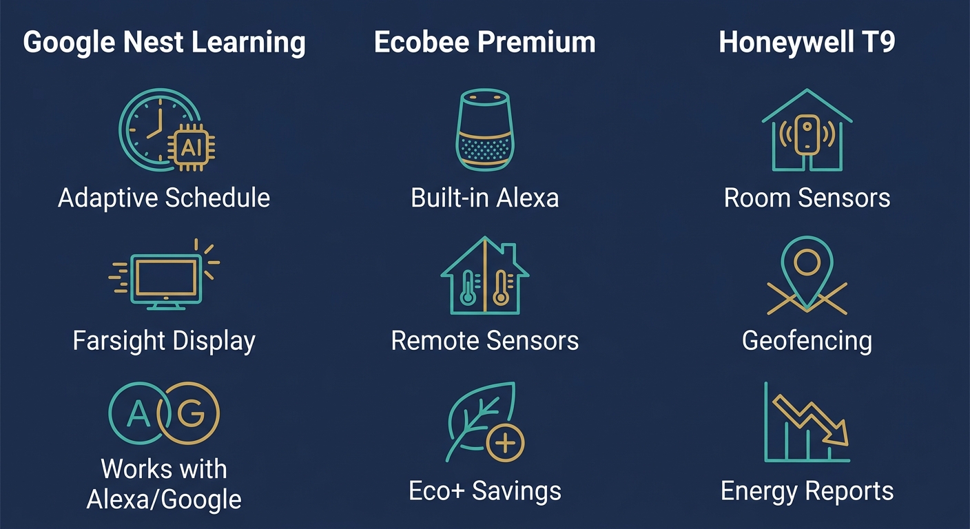 Side-by-side comparison of Google Nest Learning, Ecobee Premium, and Honeywell T9 thermostats with smart features explained.