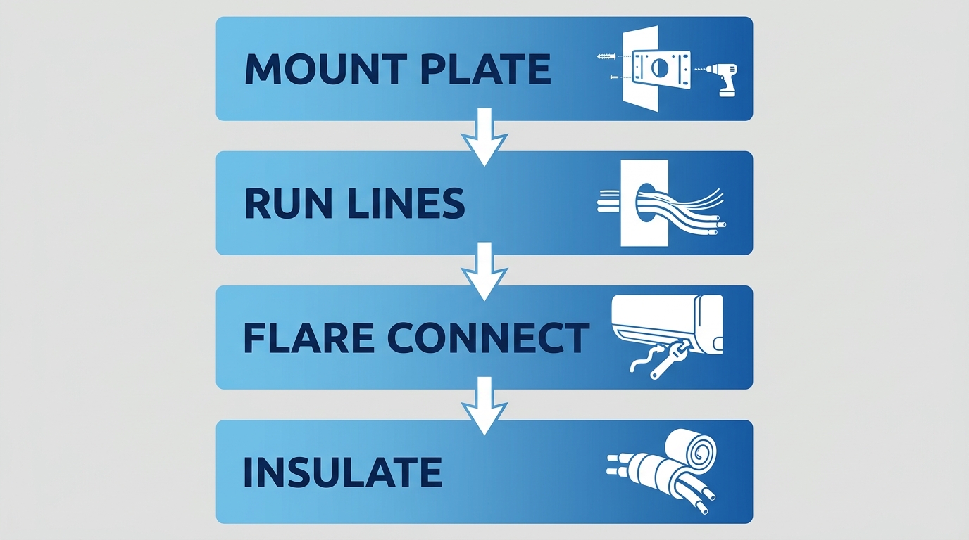 Vertical process flow diagram showing four stages to mount a ductless mini-split indoor unit. Stages: Mount Plate, Run Lines, Flare Connect, Insulate.