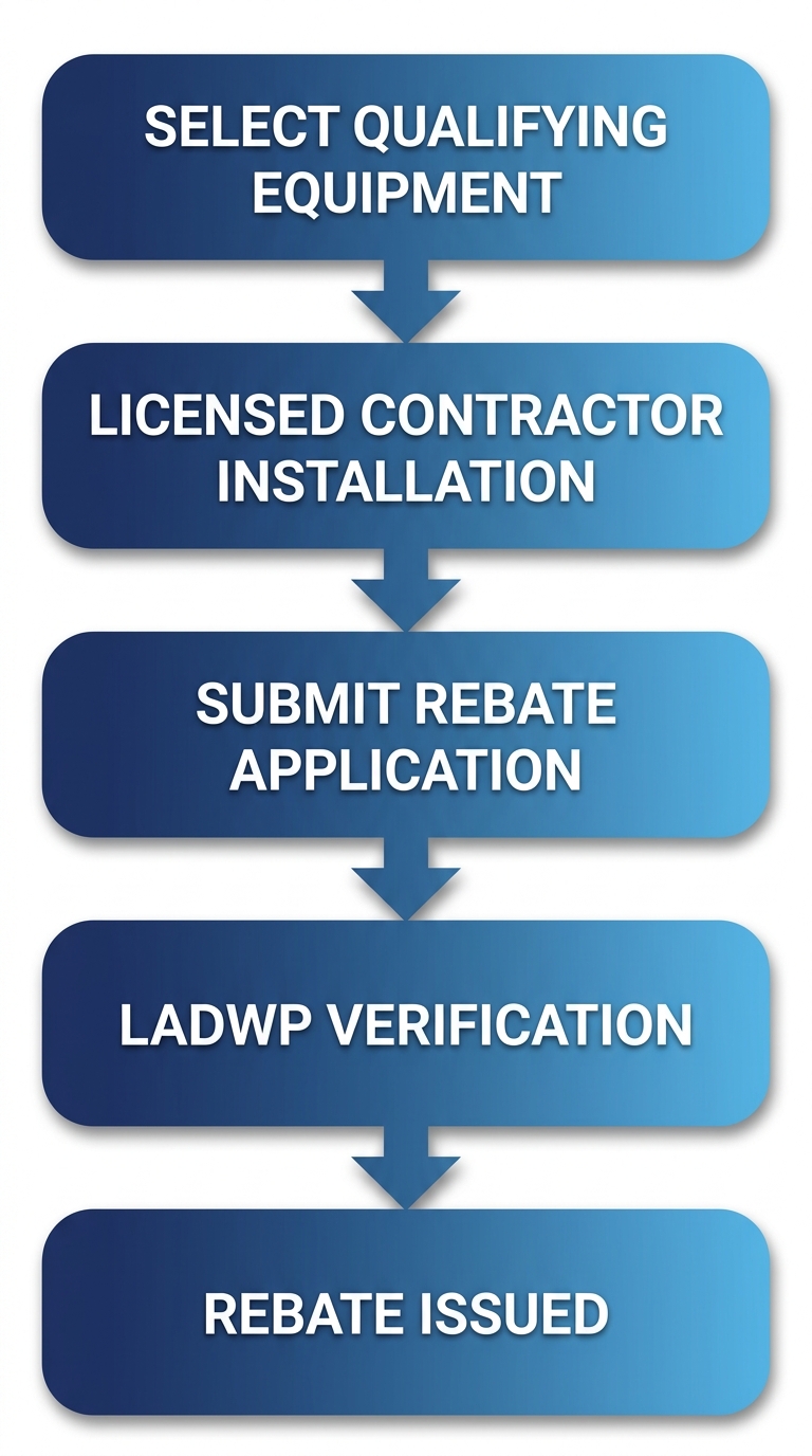 Vertical process-flow diagram with five rounded rectangles connected by downward arrows, illustrating the LADWP heat pump rebate claim steps from selecting qualifying equipment to rebate issued